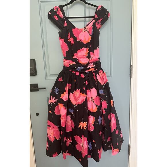 Vintage 1980s‎ Laura Ashley Great Britain Black Pink Floral Dress Full Skirt 8 - Picture 1 of 16